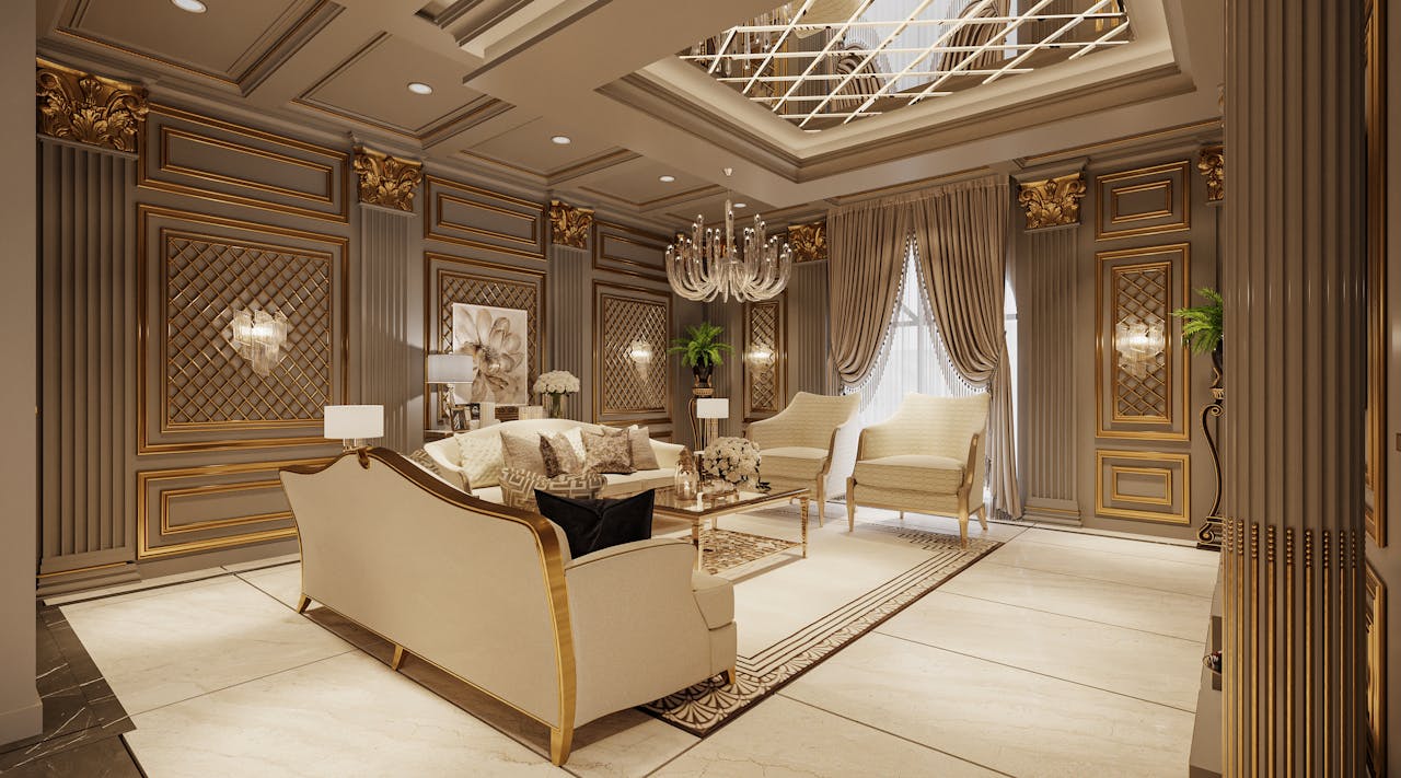 Elegant living room with classic decor, featuring a chandelier and plush furnishings.