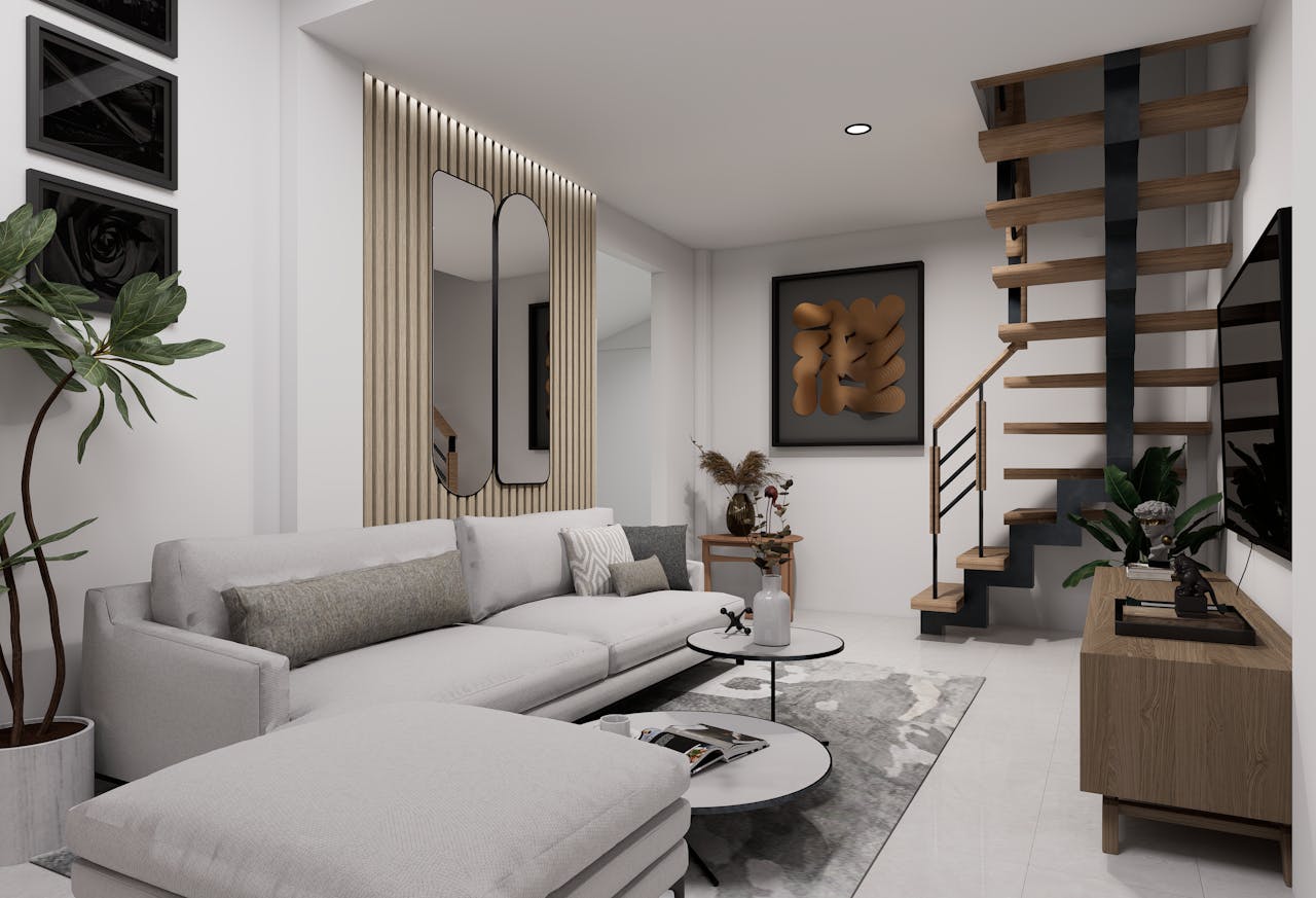 Elegant modern living room featuring minimalist decor, neutral colors, and a wooden spiral staircase.