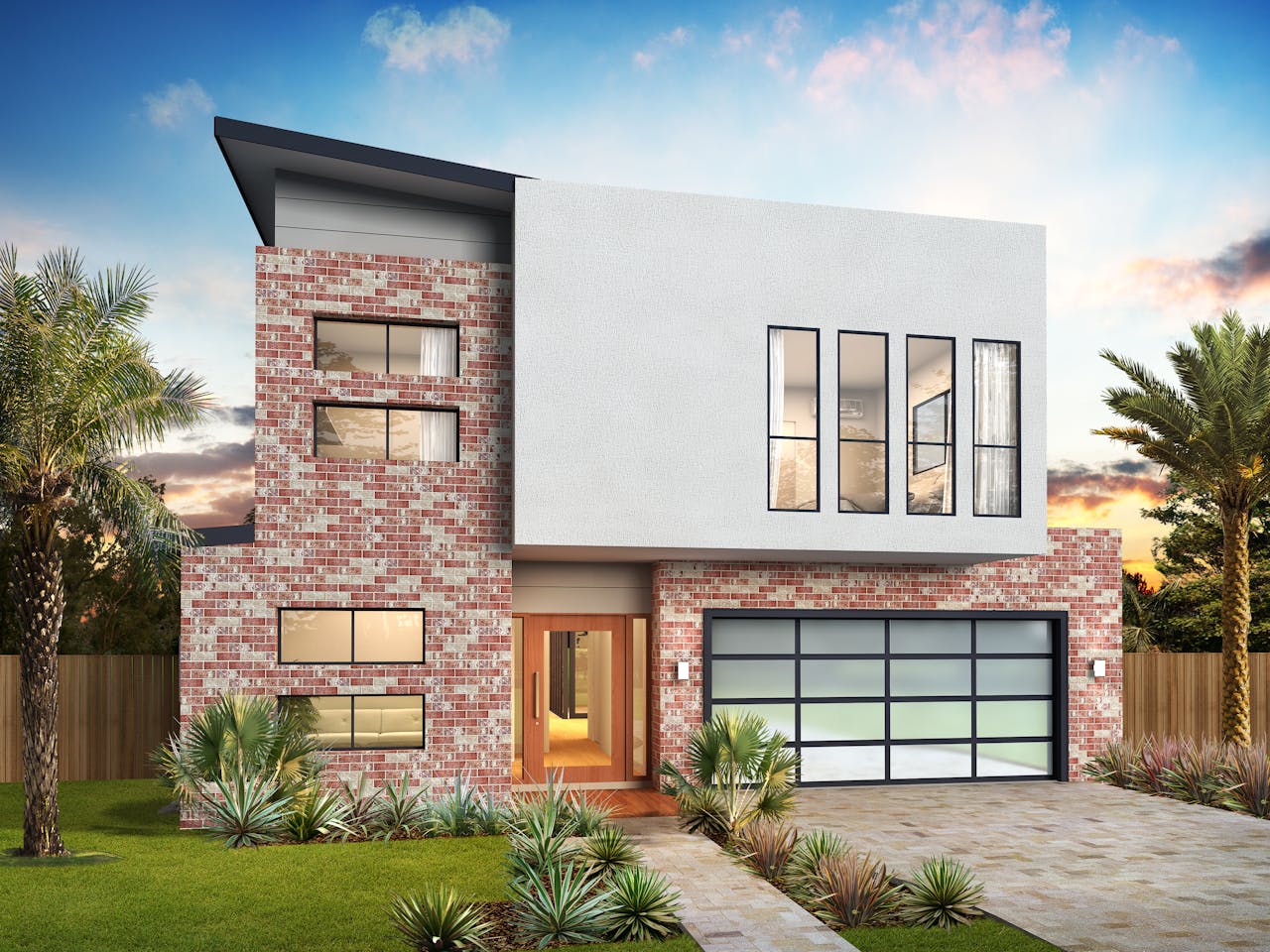 Contemporary house exterior with narrow walkway and grass meadow with exotic plants under blue cloudy sky